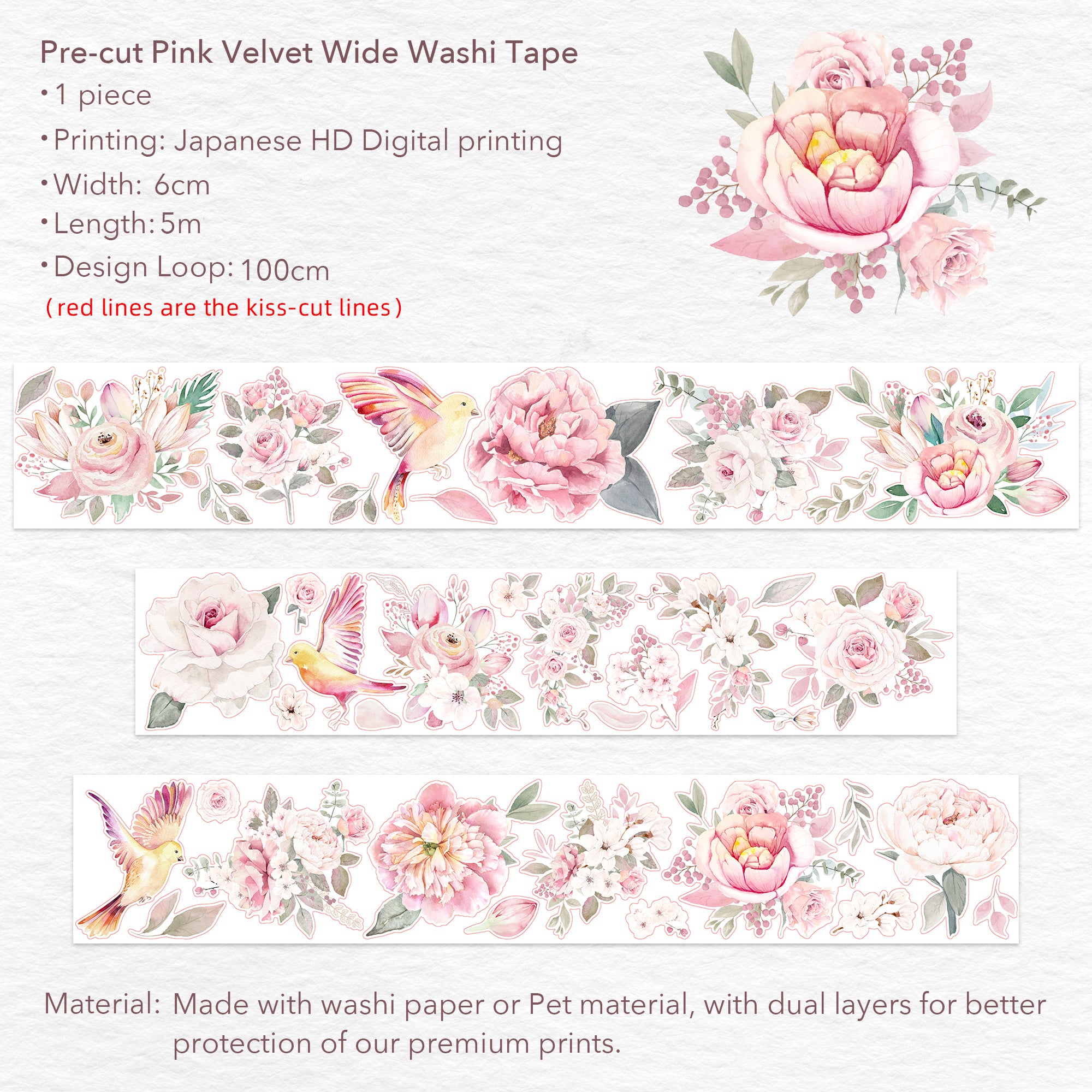 Pre-cut Pink Velvet Wide Washi/PET Tape - immagine 9