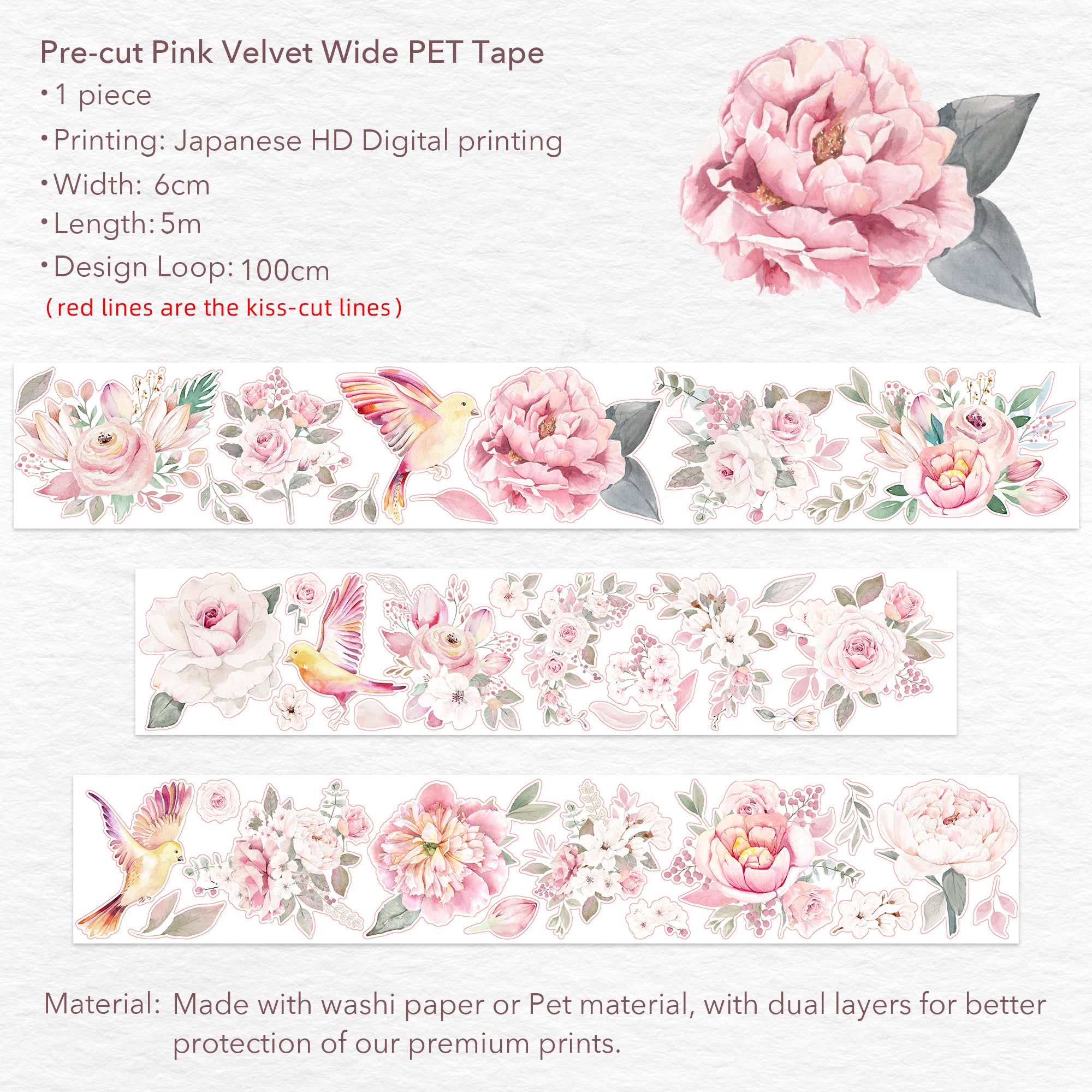 Pre-cut Pink Velvet Wide Washi/PET Tape - immagine 10