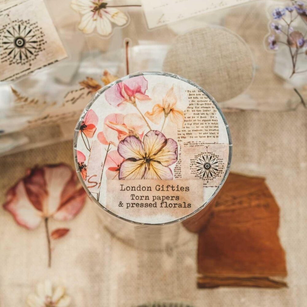 London Gifties – Torn papers & pressed florals – PET Tape pretagliato 8 cm × 10 m