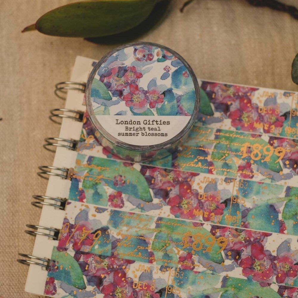 London Gifties – Bright teal summer blooms – Washi tape 2 cm × 10 m