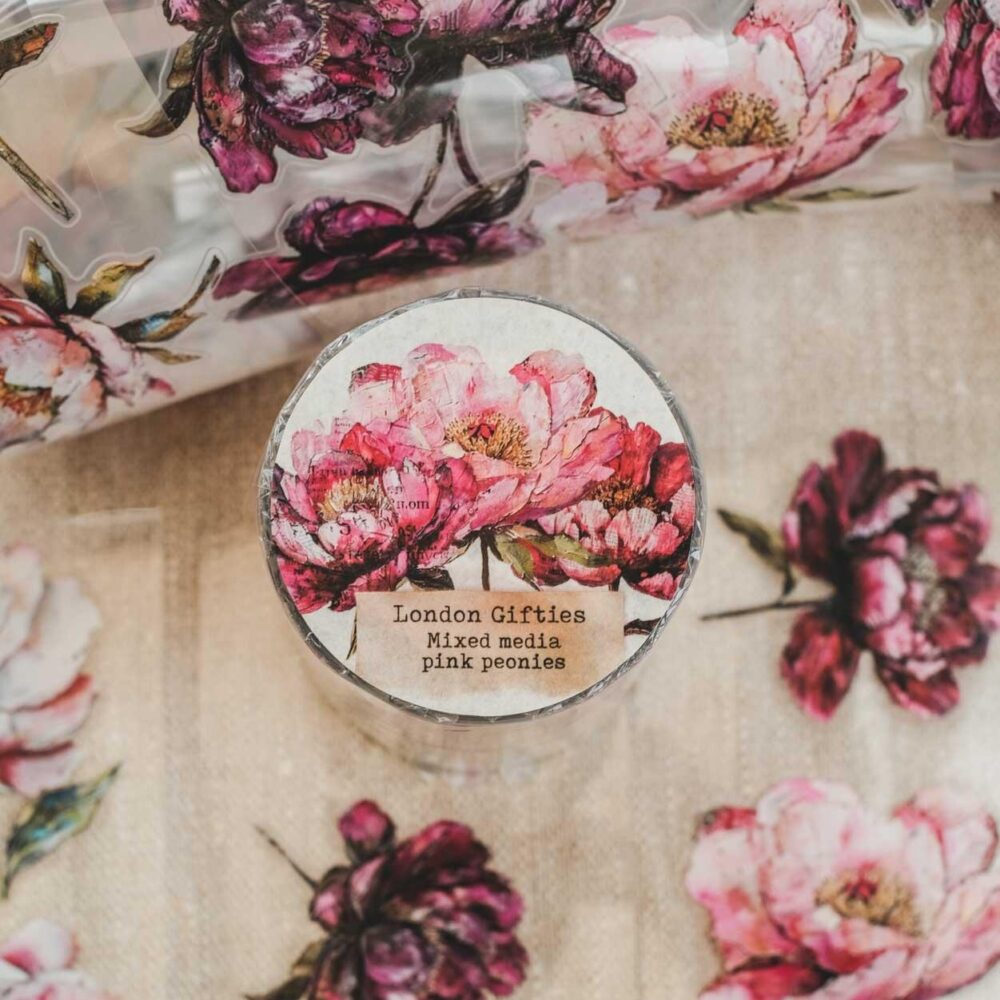 London Gifties – Mixed media pink peonies – PET Tape pretagliato 6 cm × 10 m