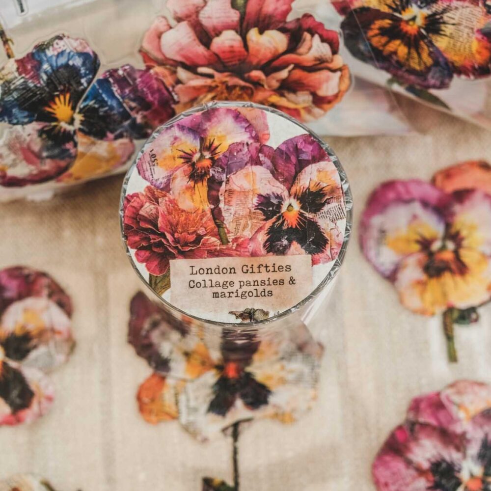 London Gifties – Collage pansies & marigolds – PET Tape pretagliato 6 cm × 10 m