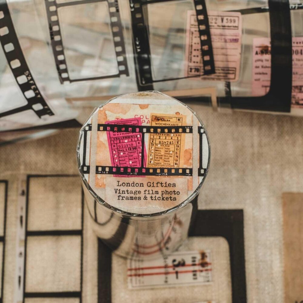 London Gifties – Vintage film photo frames & tickets – PET Tape pretagliato 8 cm × 10 m