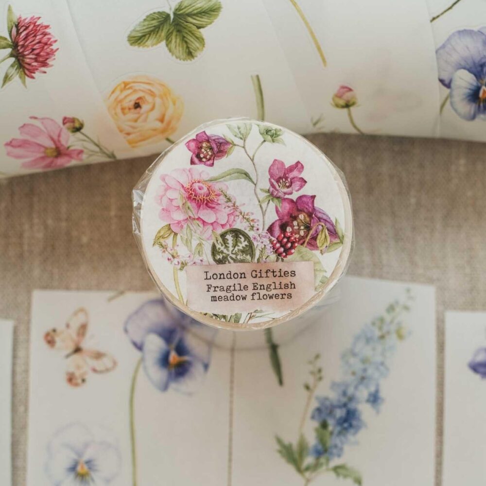London Gifties – Fragile English meadow flowers – Washi tape pretagliato 6 cm × 10 m