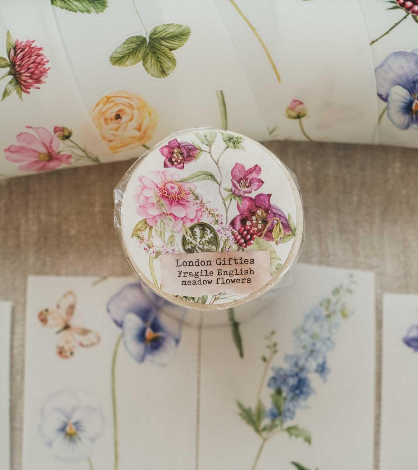 London Gifties – Fragile English meadow flowers – Washi tape pretagliato 6 cm × 10 m