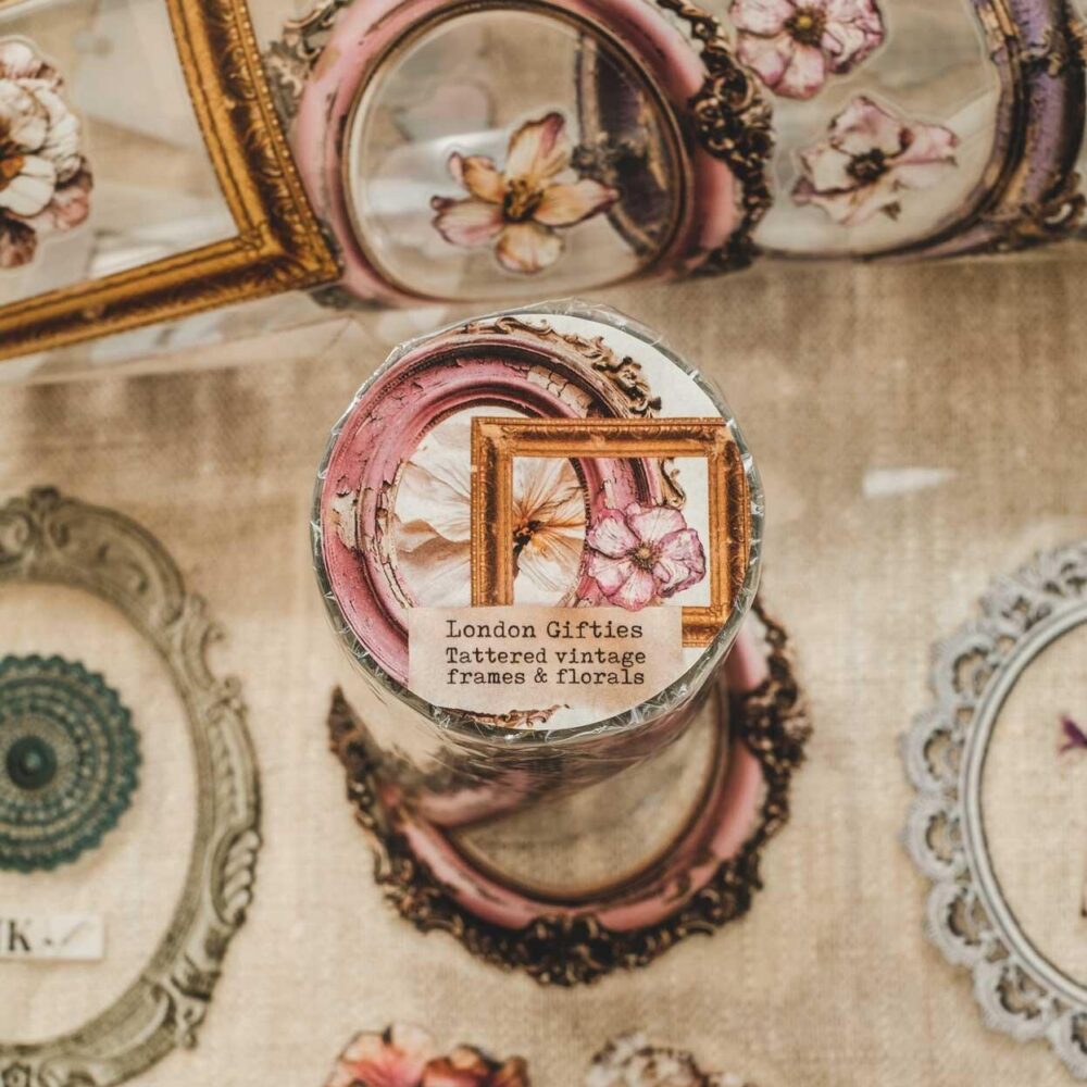 London Gifties – Tattered vintage frames & florals – PET Tape pretagliato 8 cm × 10 m