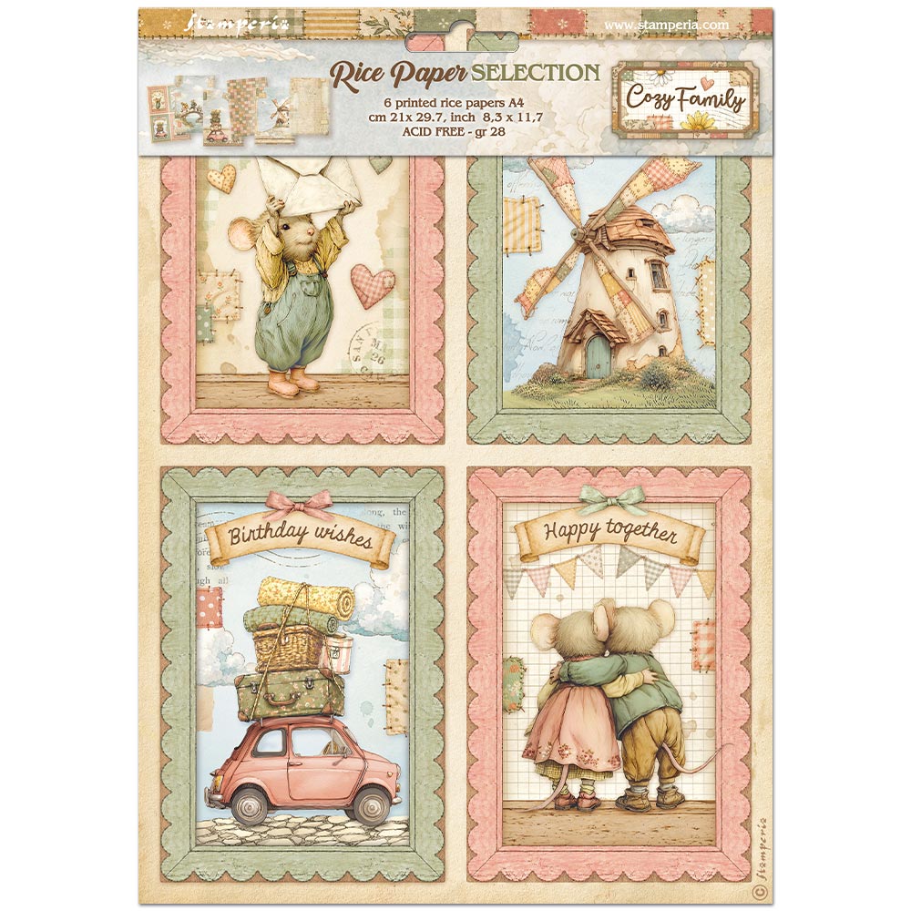 Stamperia – Set di 6 carte di riso A4 - Cozy Family