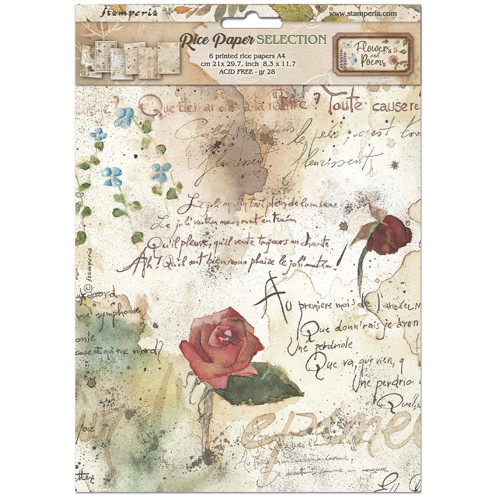 Stamperia – Set di 6 carte di riso A4 - Flowers and Poems