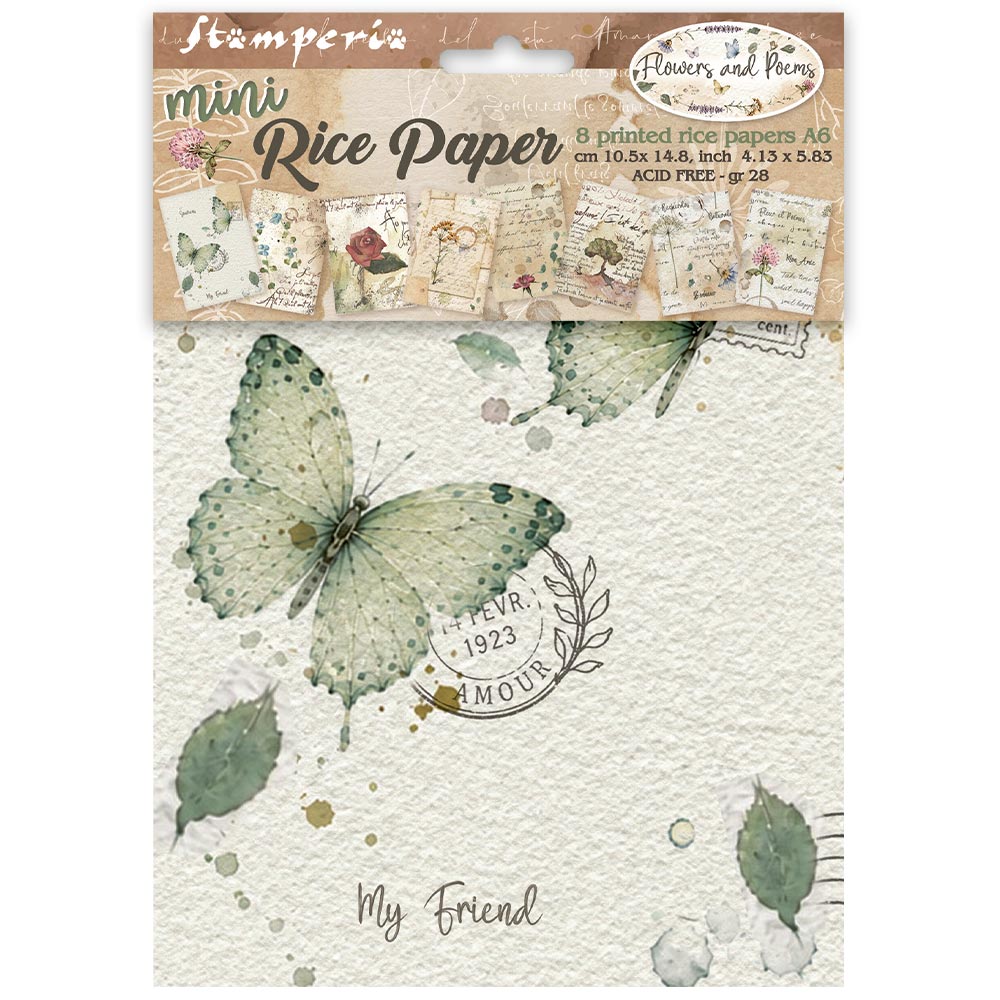 Stamperia – Set di 8 carte di riso A6 Flowers and Poems