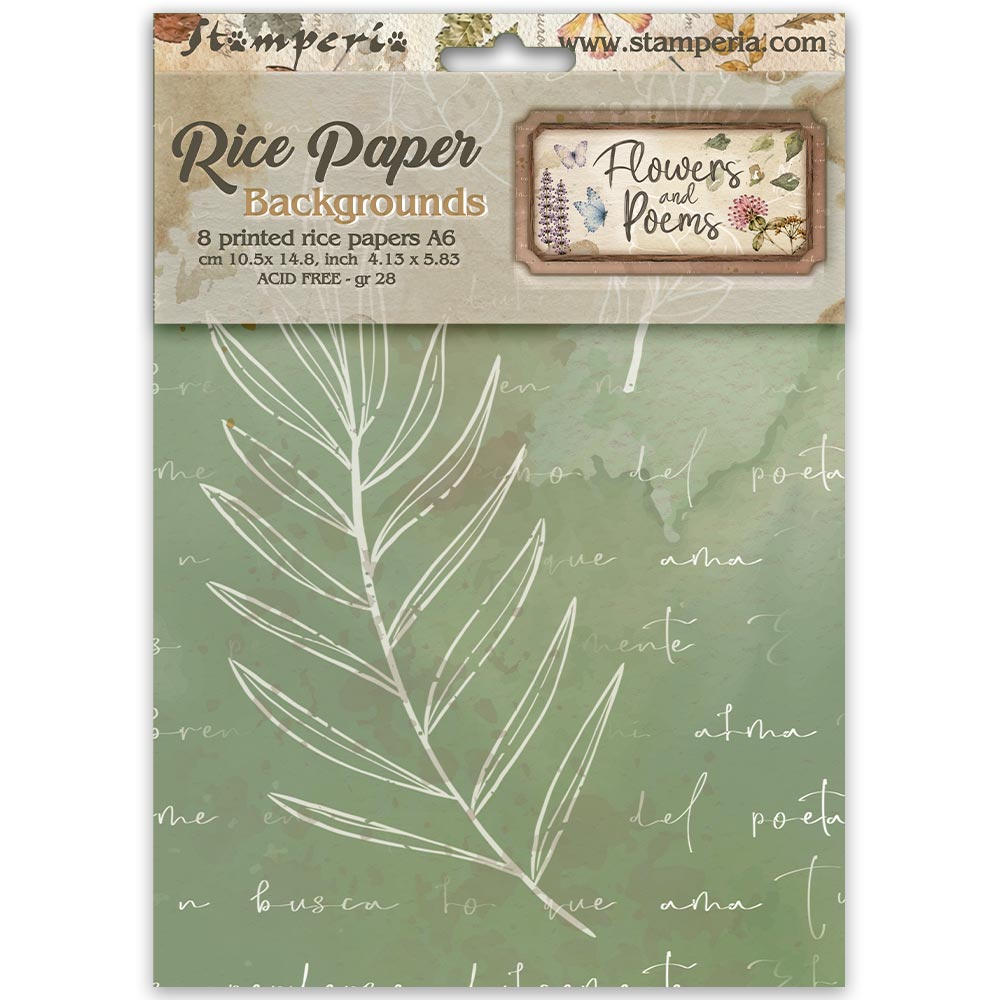 Stamperia – Set di 8 carte di riso A6 – sfondi Flowers and Poems