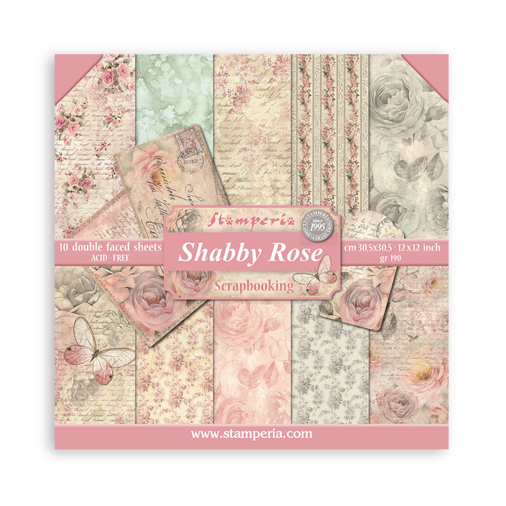 Stamperia – Blocco scrapbooking 30,5 × 30,5 cm – 10 fogli fronte-retro - Shabby Rose
