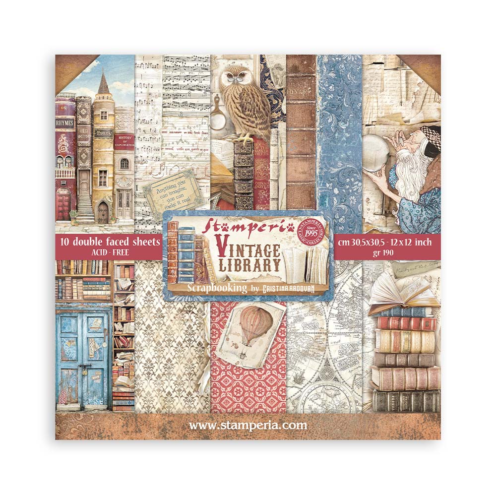 Stamperia – Blocco scrapbooking 30,5 × 30,5 cm – 10 fogli fronte-retro - Vintage Library