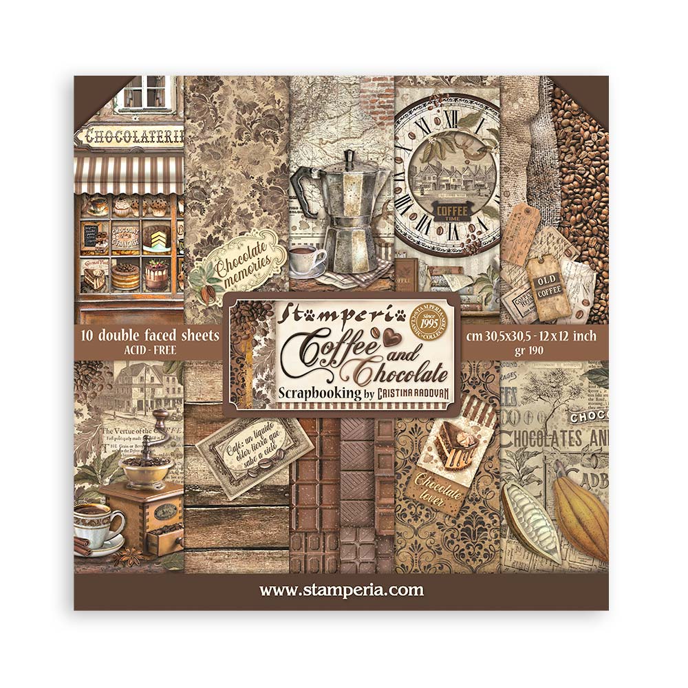 Stamperia – Blocco scrapbooking 30,5 × 30,5 cm – 10 fogli fronte-retro - Coffee and Chocolate