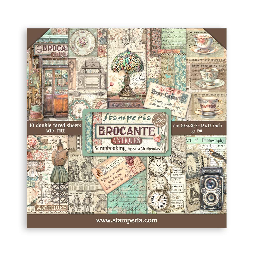 Stamperia – Blocco scrapbooking 30,5 × 30,5 cm – 10 fogli fronte-retro - Brocante Antiques