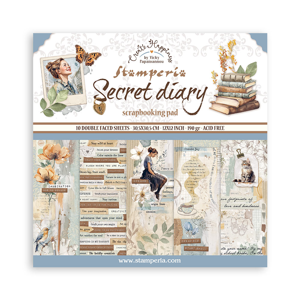 Stamperia – Blocco scrapbooking 30,5 × 30,5 cm – 10 fogli fronte-retro - Create Happiness Secret Diary