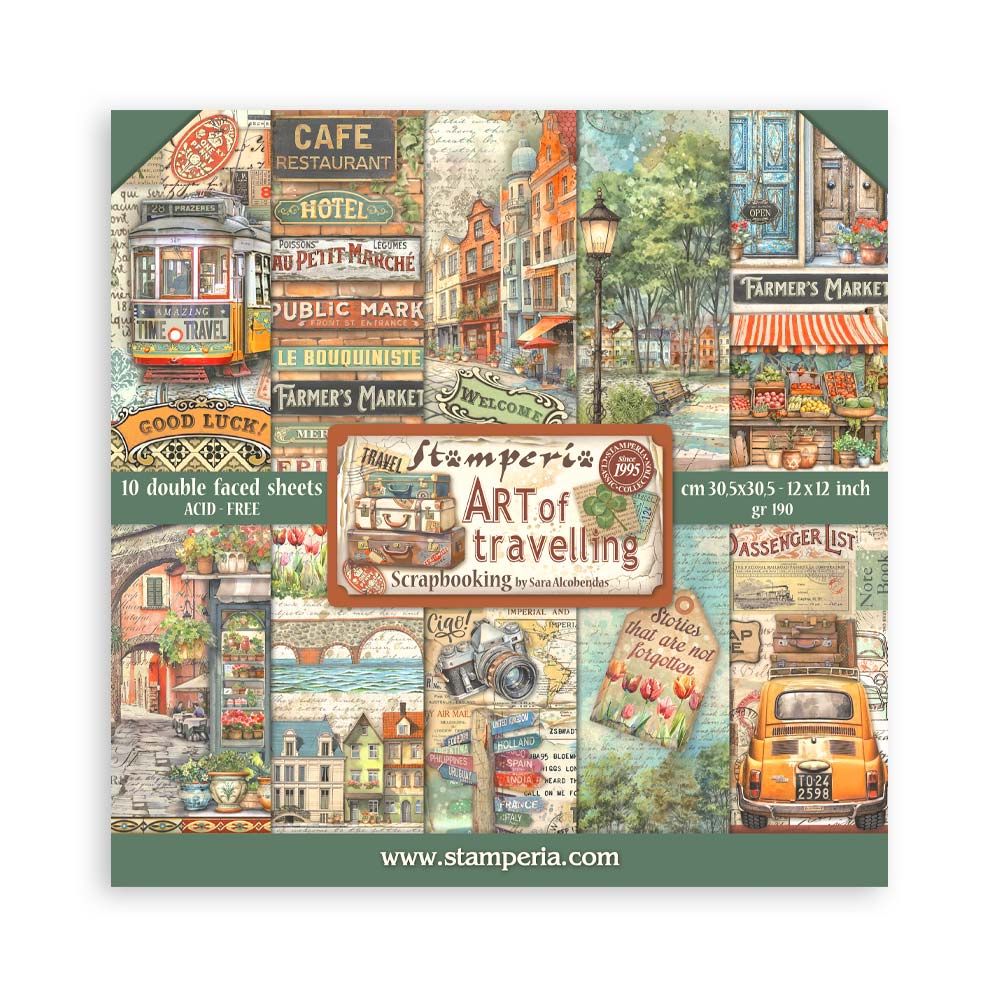 Stamperia – Blocco scrapbooking 30,5 × 30,5 cm – 10 fogli fronte-retro - Art of Travelling