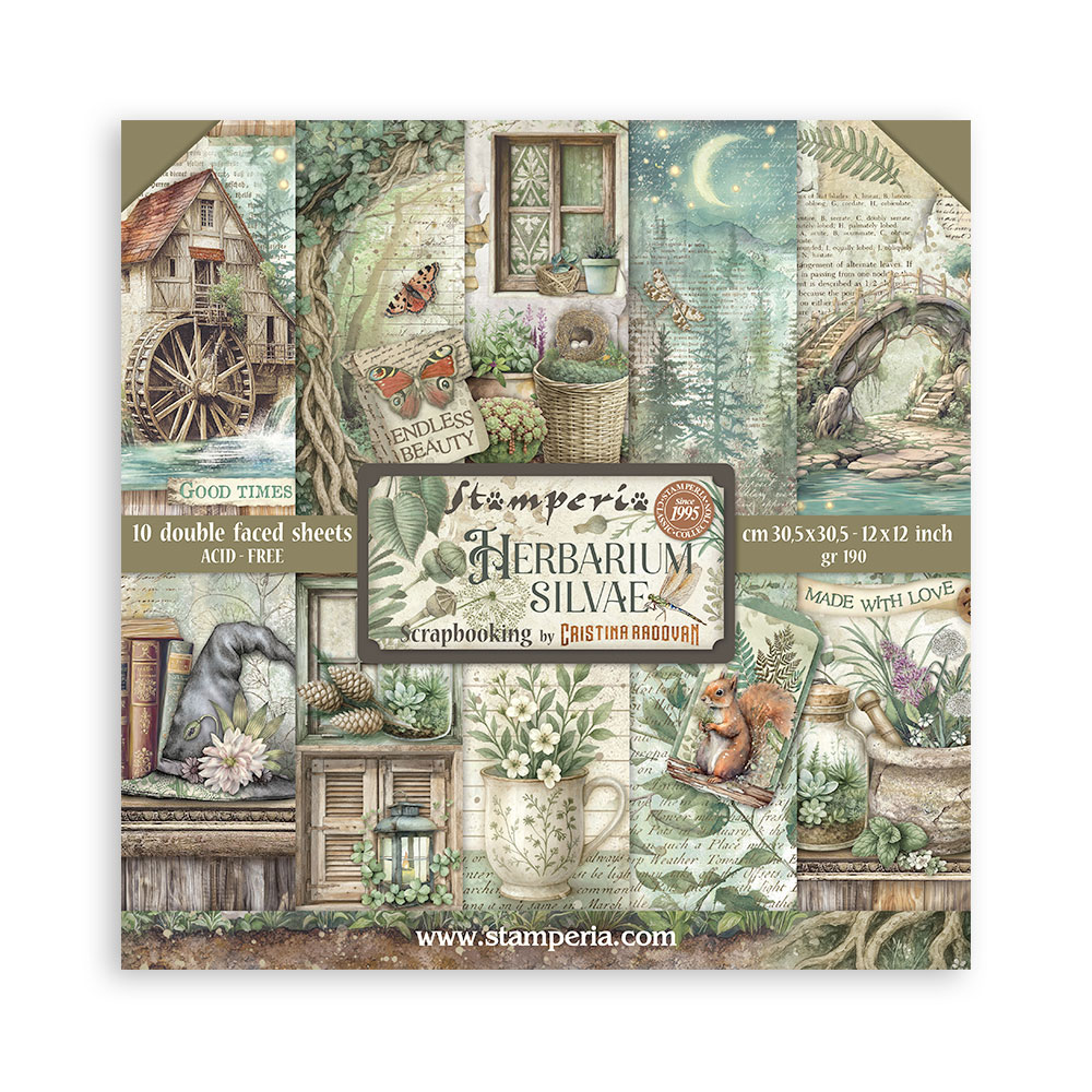 Stamperia – Blocco scrapbooking 30,5 × 30,5 cm – 10 fogli fronte-retro - Herbarium Silvae