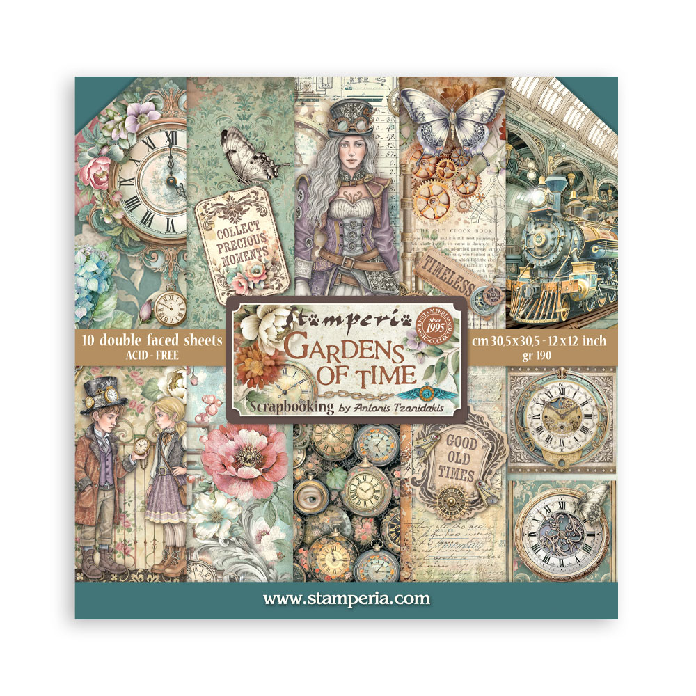 Stamperia – Blocco scrapbooking 30,5 × 30,5 cm – 10 fogli fronte-retro - Gardens of Time
