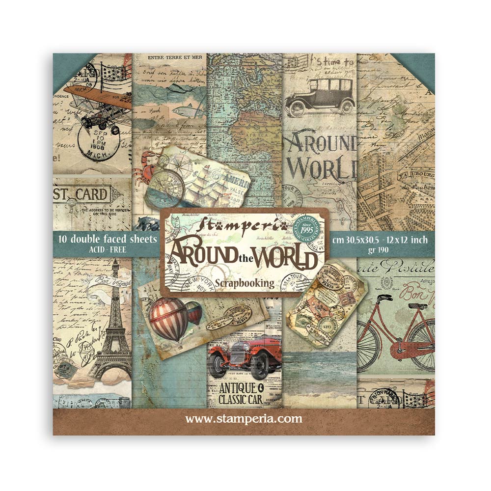 Stamperia – Blocco scrapbooking 30,5 × 30,5 cm – 10 fogli fronte-retro - Around the world