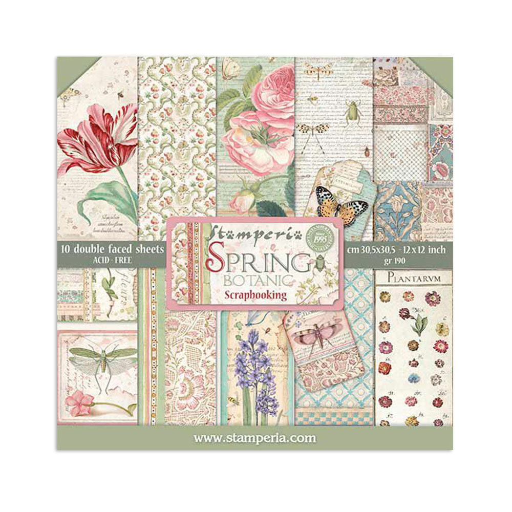 Stamperia – Blocco scrapbooking 30,5 × 30,5 cm – 10 fogli fronte-retro - Spring Botanic