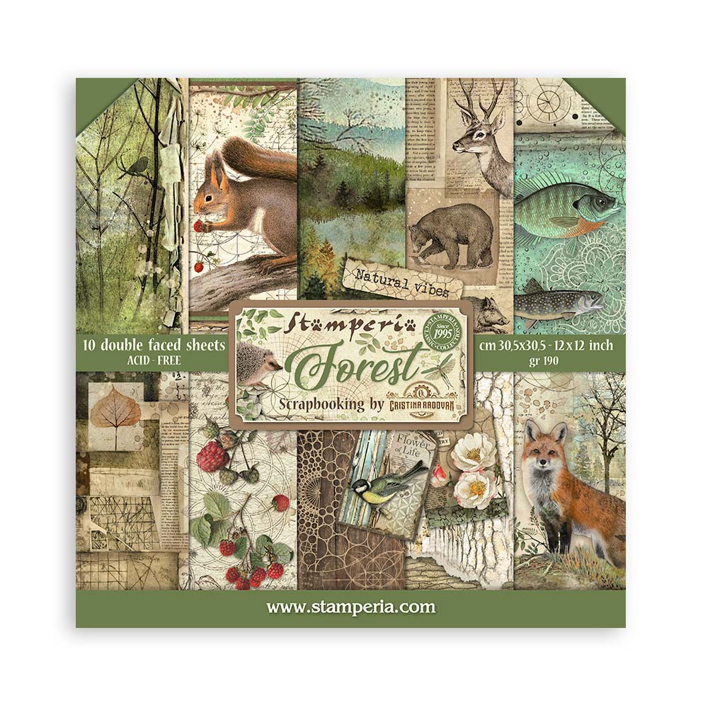 Stamperia – Blocco scrapbooking 30,5 × 30,5 cm – 10 fogli fronte-retro - Forest