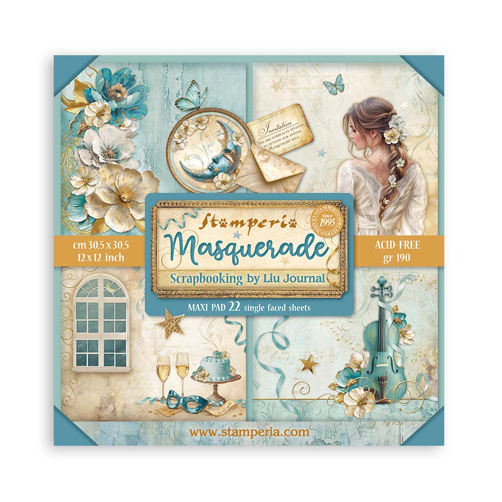 Stamperia – Blocco scrapbooking 30,5 × 30,5 cm – 22 fogli stampati su un lato - Masquerade
