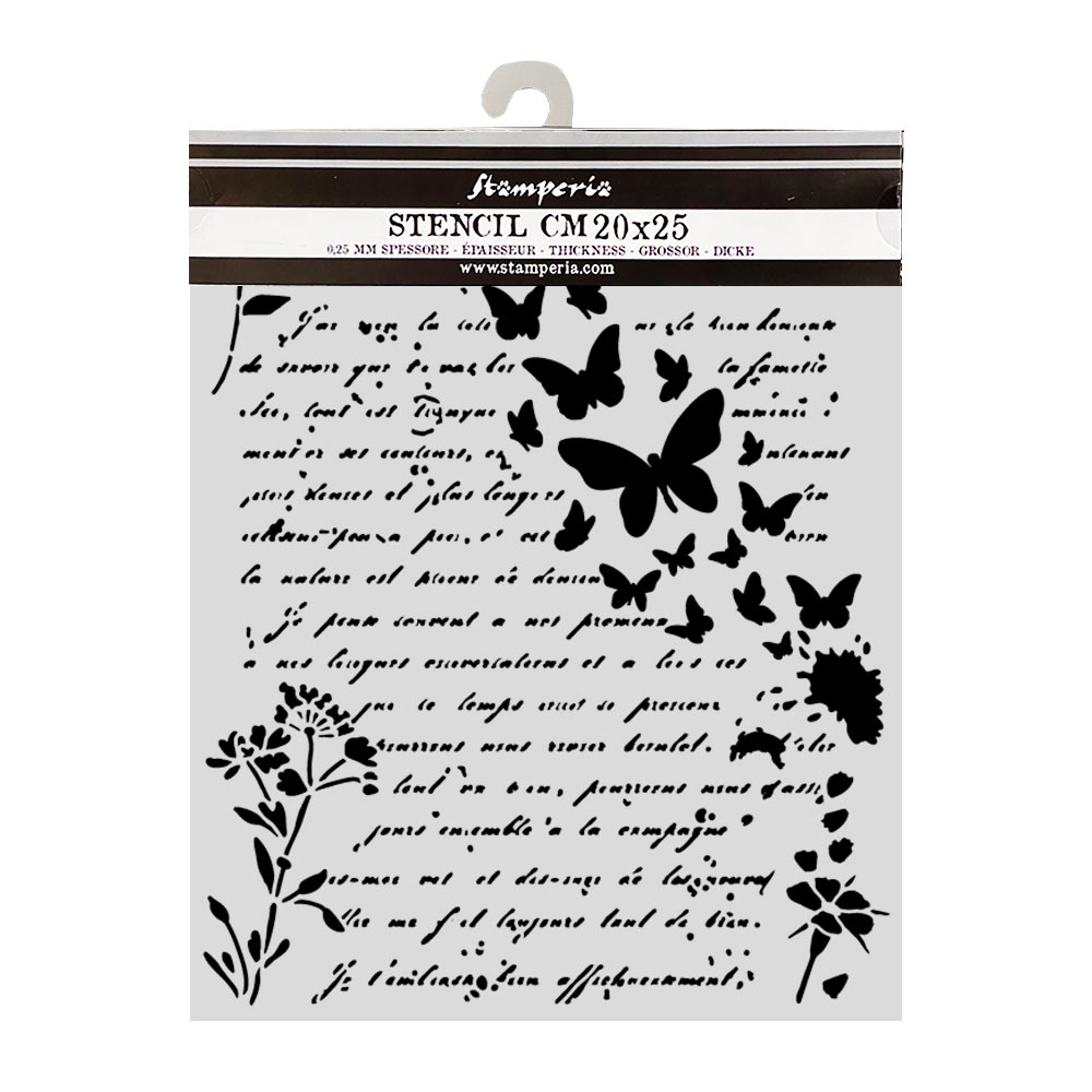 Stamperia – Stencil spesso cm 20X25 Flowers and Poems lettere e farfalle - immagine 2