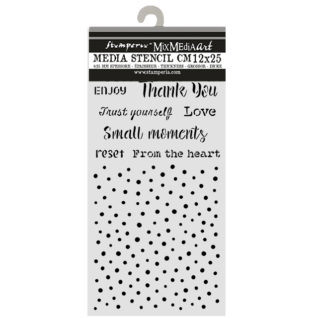 Stamperia – Stencil spesso cm 12X25 Cozy Family scritte e puntini - immagine 2